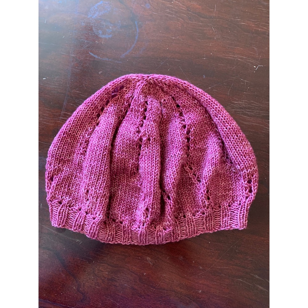 Handmade Knit Pointelle Beanie Hat Pink Rose Slouchy Skull Cap Boho Winter